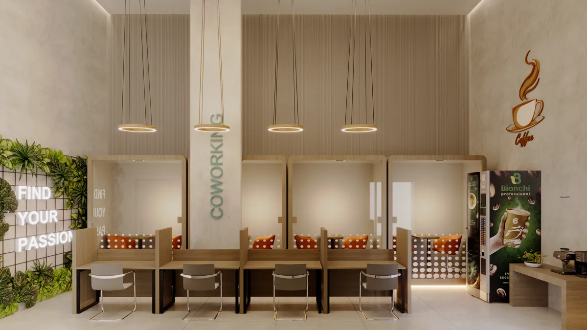 Espaço de coworking com mesas compartilhadas