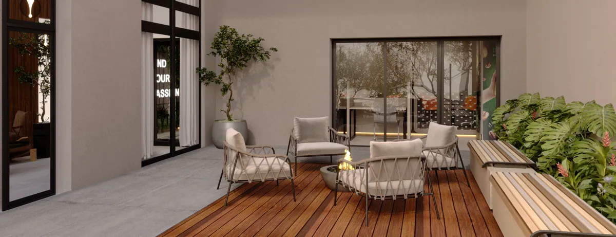 Lounge externo com lareira